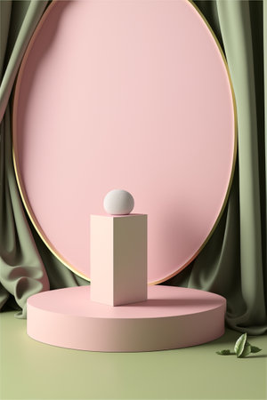 Podium for product advertisement , restaurant menus or new makeup product ads with beautiful minimalist objects for immersionの写真素材