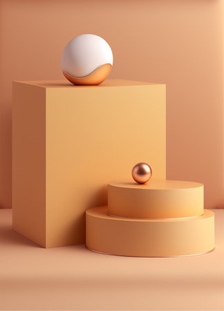 Podium for product advertisement , restaurant menus or new makeup product ads with beautiful minimalist objects for immersionの写真素材