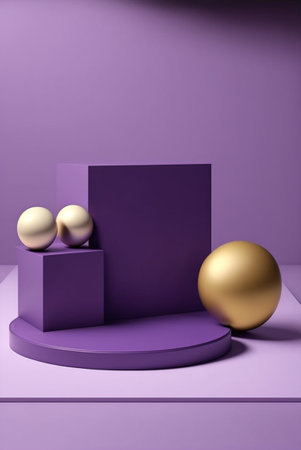 Podium for product advertisement , restaurant menus or new makeup product ads with beautiful minimalist objects for immersionの写真素材