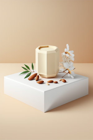Podium for product advertisement , restaurant menus or new makeup product ads with beautiful minimalist objects for immersionの写真素材