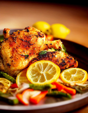Delicious Baked chicken with lemon and vegetables 3d illustrated