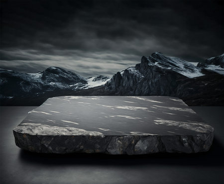 Podium for product advertisement or restaurant menus with mountain background 3d illustratedの写真素材