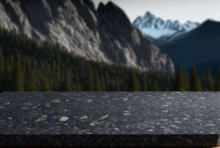 Podium for product advertisement or restaurant menus with beautiful mountain background 3d...
