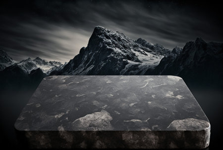 Podium for product advertisement or restaurant menus with beautiful mountain background 3d...