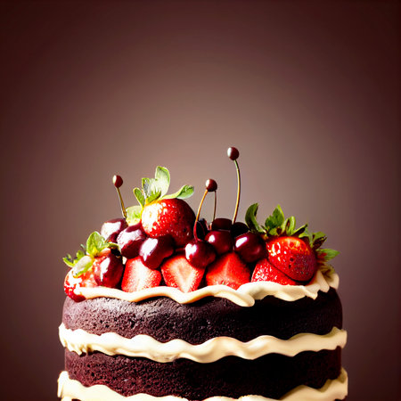Delicious Chocolate cake with strawberries, cherries 3d illustrated