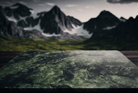 Podium for product advertisement or restaurant menus with beautiful mountain background 3d illustratedの写真素材