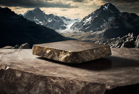 Podium for product advertisement or restaurant menus with beautiful mountain background 3d illustratedの写真素材