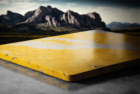 Podium for product advertisement or restaurant menus with beautiful mountain background 3d...