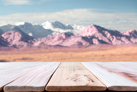 Podium for product advertisement or restaurant menus with beautiful mountain background 3d...