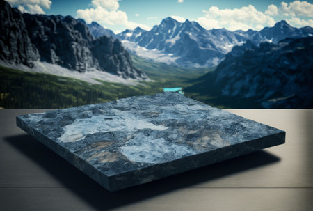 Podium for product advertisement or restaurant menus with beautiful mountain background 3d...