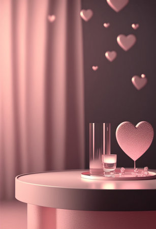 Podium for product advertisement or restaurant menus with valentines day backgroundの写真素材