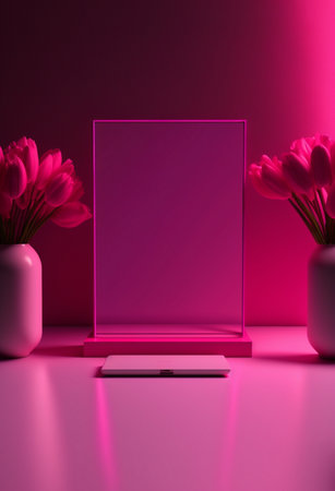 Podium for product advertisement or restaurant menus with colorful background, minimalist designの写真素材