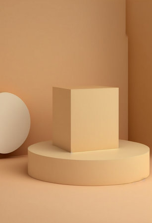 Podium for product advertisement or restaurant menus with colorful background, minimalist designの写真素材