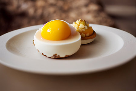 Delicious egg dessert with plate dressingの写真素材