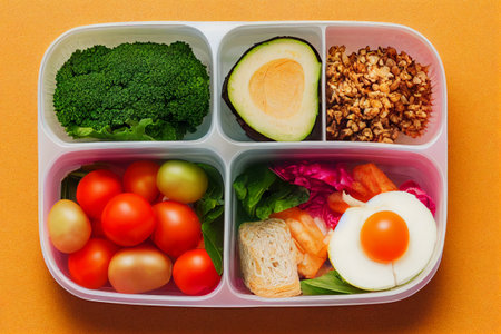 Vertical shot of delicious tasting board with vegetables, fruits, egg, dried nuts