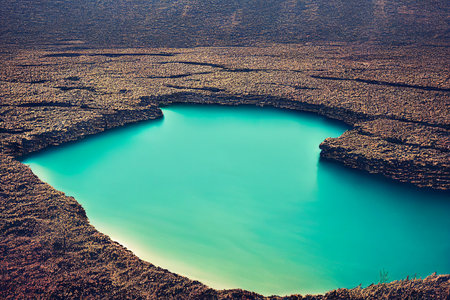 Vertical shot of untouched farm fields with mystic lake designの写真素材
