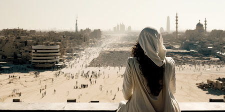 Vertical shot of Mecca Saudi Arabia with Beautiful strong young womanの写真素材