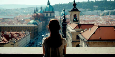 Vertical shot of beautiful strong woman goes to Top-Rated Touristic places