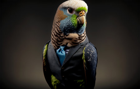 Vertical shot of parakeet in suit, spirit animal