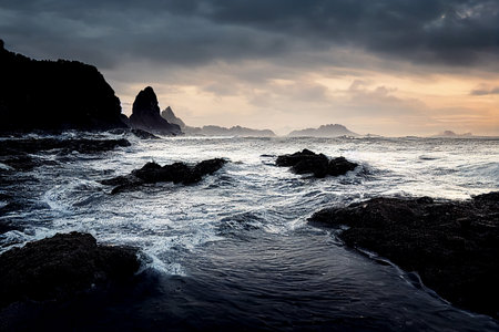 Beautiful ocean with big stones, calm waters at beach