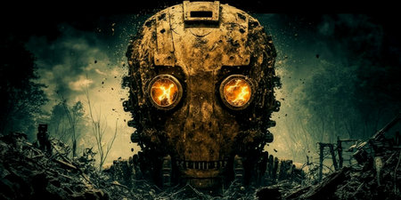 Scary robotic man at post apocalyptic future, man wears robotic helmet with fire in his eyes