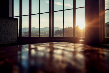 Looking outside of big mansion alone at sunset