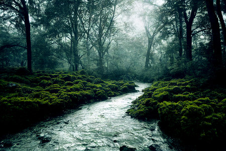 Beautiful green forest with cute little water flows throughの写真素材