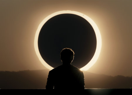 Vertical shot of a mysterious man looks at scary strange moon at night, End of the worldの素材