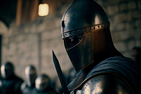 Vertical shot of charismatic knight , ancient warrior at castleの素材