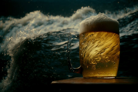 Vertical shot of delicious beer with ocean background, relaxing day at beach with beerの素材