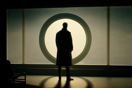 Vertical shot of Mysterious strong man standing in futuristic building looking outsideの素材