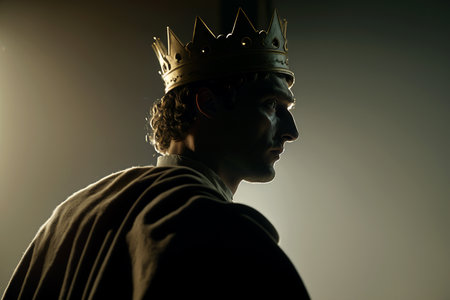 Vertical shot of charismatic king with crown, man wearing crown with gradient black backgroundの素材