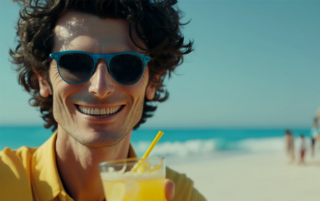 Vertical shot of a happy handsome man at beach, Dad with his family at holidayの素材