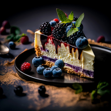 Vertical shot of delicious slice of cheesecake with berriesの素材