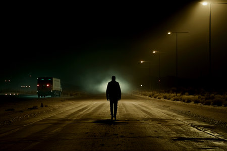 Vertical shot of lone man silhouette going to scary mistの素材