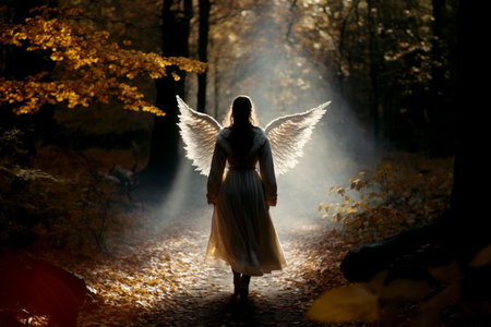 Vertical shot of beautiful woman with wings at forest, Strong Angel with light at springの素材