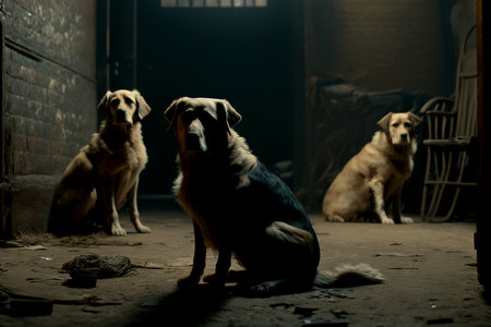 Vertical shot of cute abandoned dogs at street, stray dogsの素材