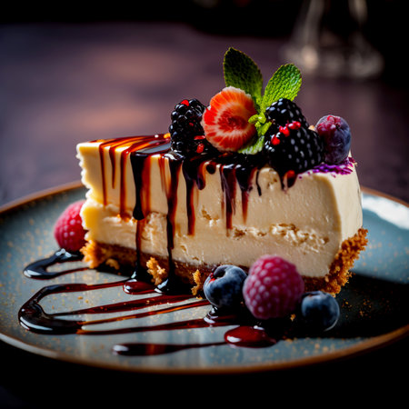 Vertical shot of delicious slice of cheesecake with berriesの素材