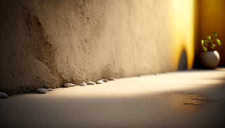 Vertical shot of beige cement wall with minimalist plant in the cornerの素材