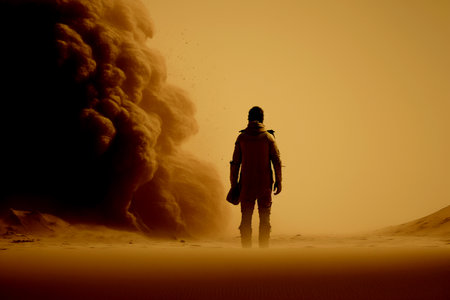 Vertical shot of strong man against the sand storms, standing alone at difficult choicesの素材