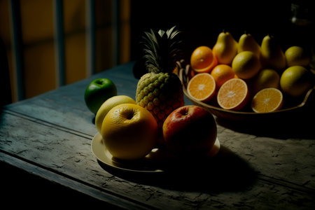 Vertical shot of delicious tropical fruits at table, healthy seasonal vegetables for dietの素材