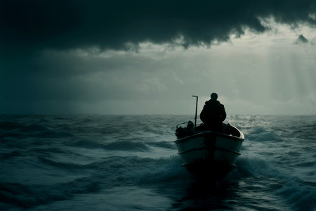 Vertical shot of strong man at boat standing against bad weatherの素材