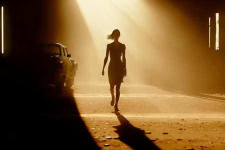 Vertical shot of beautiful woman with shining lightsの素材