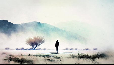Vertical shot of strong man against the nature watercolor designの素材