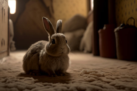 Vertical shot of cute beautiful fluffy rabbit at homeの素材