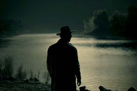 Vertical shot of strange scary man at river, man goes to hunting at forestの素材