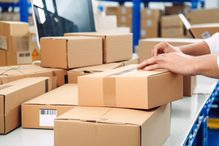 Employee preparing product boxes in warehouseの素材