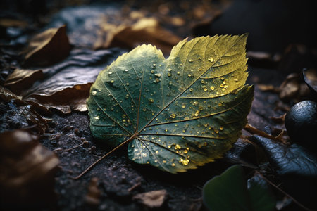 leaf with raindrops on the groundの素材