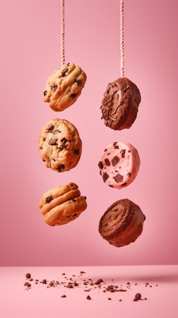 cookies with chocolate suspended in airの素材