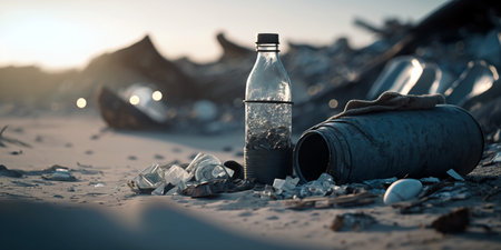 bottle and other trashes on the beach, beach pollutionの素材